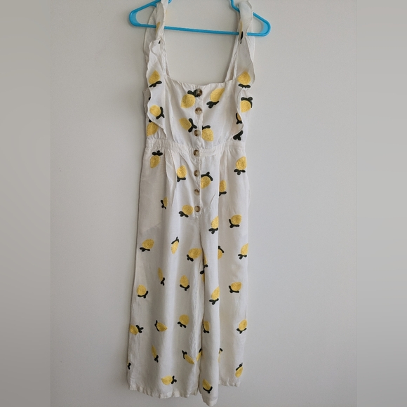 Anthropologie Red Carter Embroidered Lemon Ruffle Wide leg Flare Jumpsuit SMALL - Picture 3 of 15